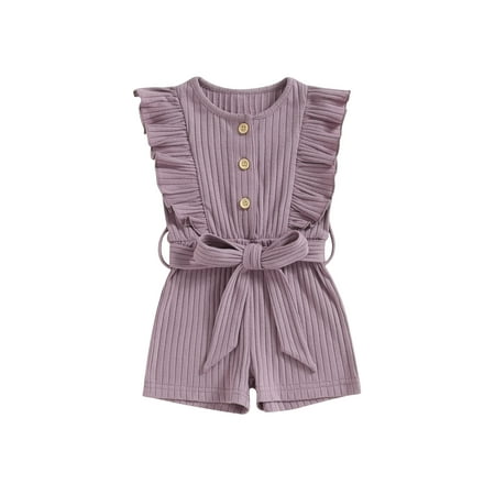 

Infant Baby Girl Summer Jumpsuit Solid Color Ruffled Sleeveless Round Neck Button Romper Shorts with Belt
