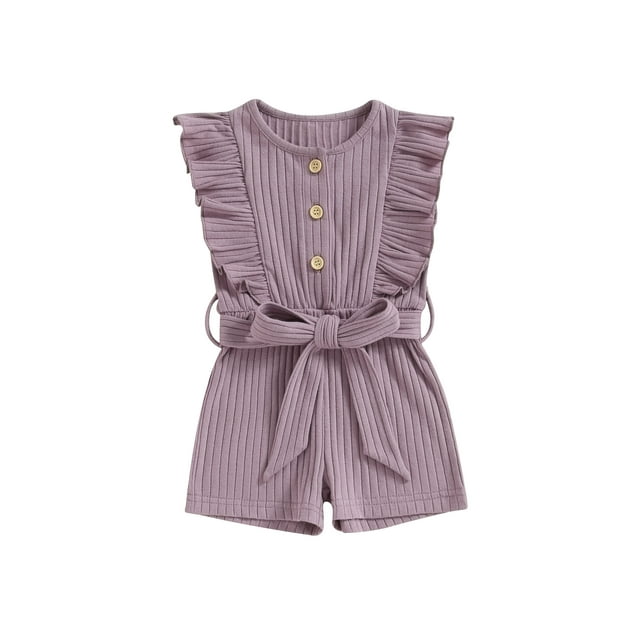 xiaxaixu Infant Baby Girl Summer Jumpsuit Solid Color Ruffled Sleeveless Round Neck Button Romper Shorts with Belt