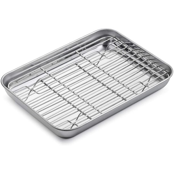 Bandeja para hornear con rejilla, sartén rectangular de acero inoxidable de 23x17x2,5 cm, bandeja para hornear para el hogar y el restaurante, lavaplatos, seguro y duradero Feliz Sencillez