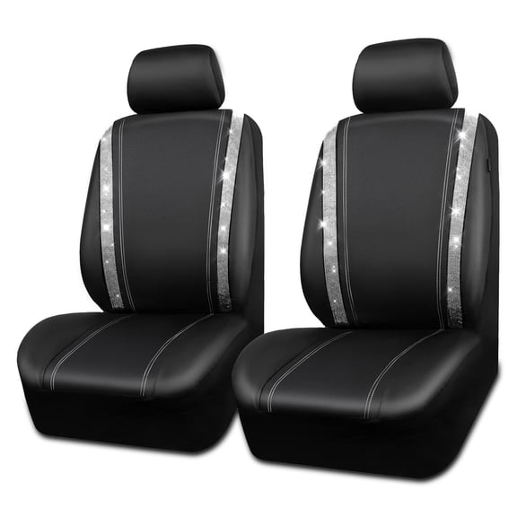 Car-Grand Bling diamond Rhinestone Leather car seat covers front pair shinning spark glitter crystal cute universal fit automotive glitter SUV truck sedan women girly Silver