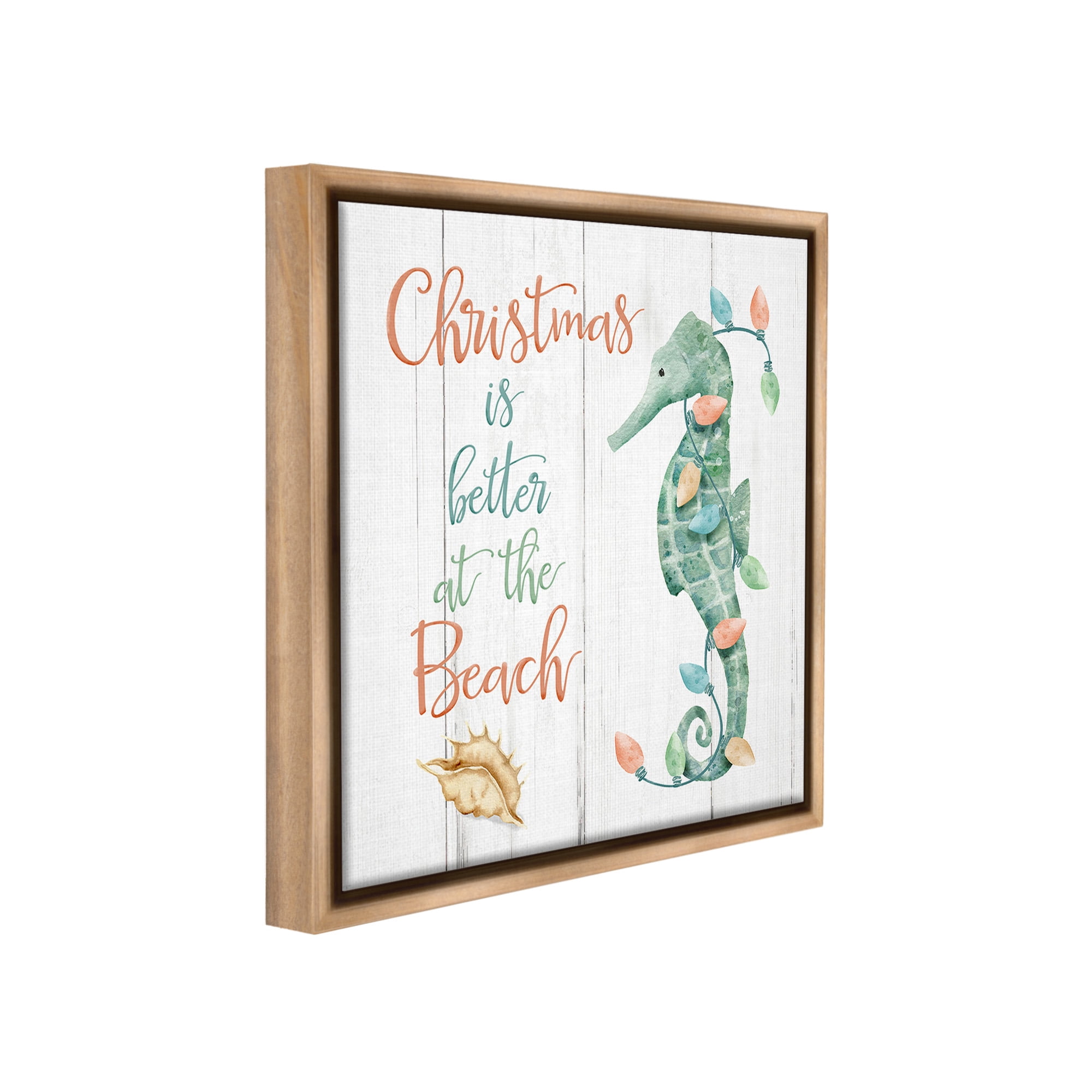 Stupell Industries Christmas Better At Beach Holiday Painting Brown Floater Framed Canvas Art Print Wall Art, 18 x 18
