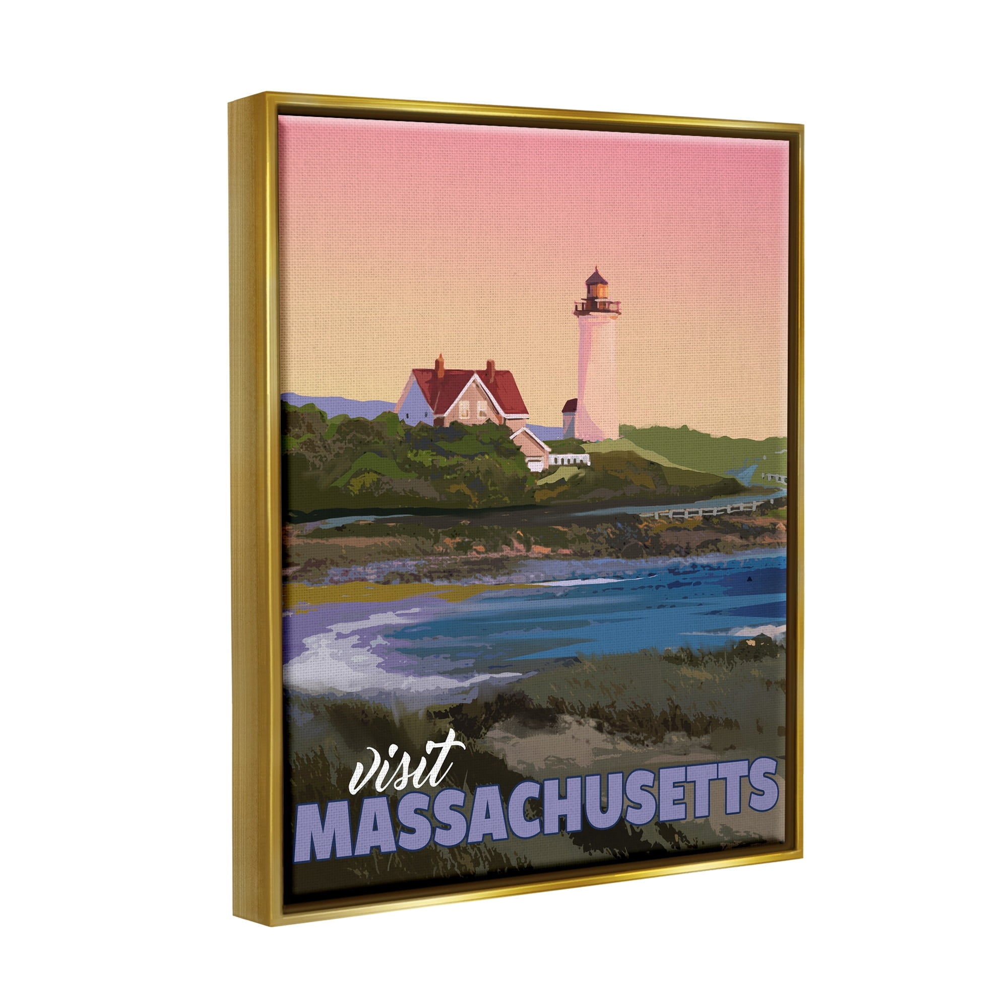 Stupell Industries Visit Massachusetts Pink Sunset Sky Ocean Inlet Graphic Art Metallic Gold Floating Framed Canvas Print Wall Art, Design by David Owens Illustration