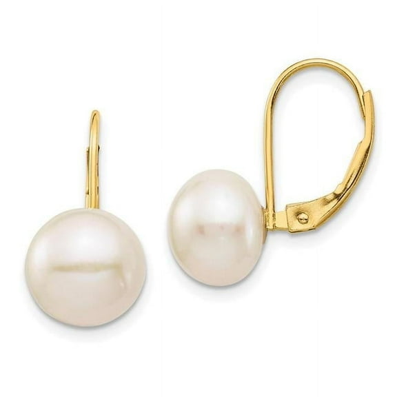 14K 9-10mm White Button Freshwater Cultured Pearl Leverback Earrings XF716E