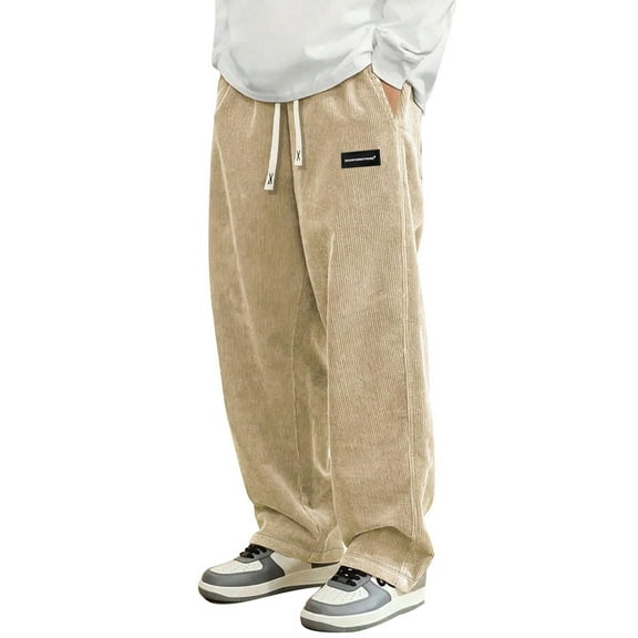 Mens Corduroy Casual Pants Fashion Loose Fit Wide Leg Straight Sweatpants Elastic Waist Drawstring Khaki XS
