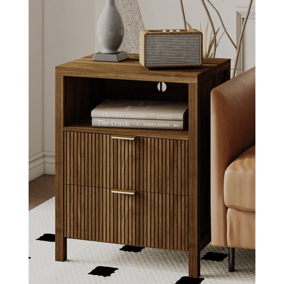 Walnut Brown01-Outlets Fluted Nightstand With 2 Drawers And Open Shelf Modern Bedside Table