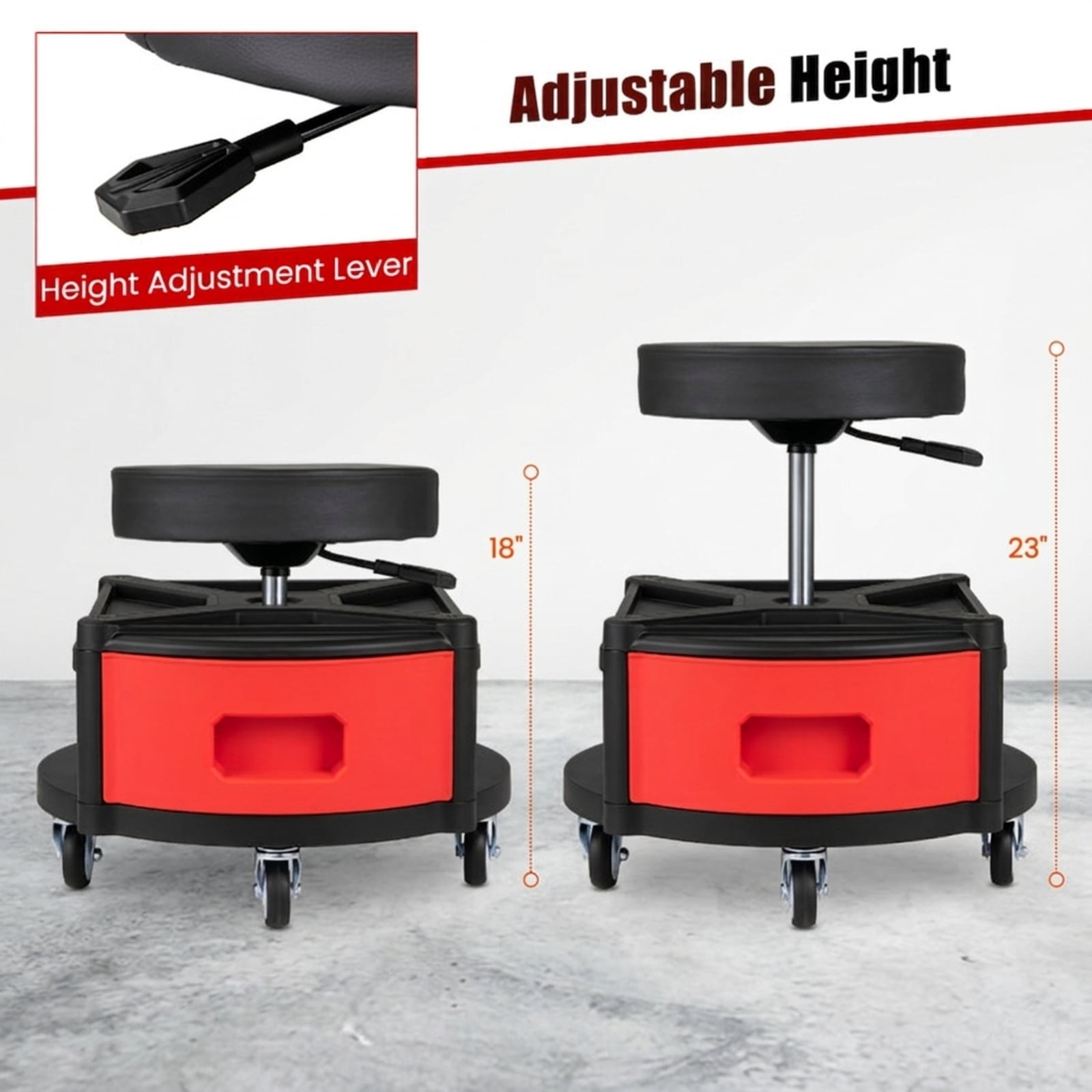 Biotree Rolling Mechanic Stool Adjustable Height Shop Seat for Garage 23" x 20.5" with Tool Tray for Garage Shop, Red