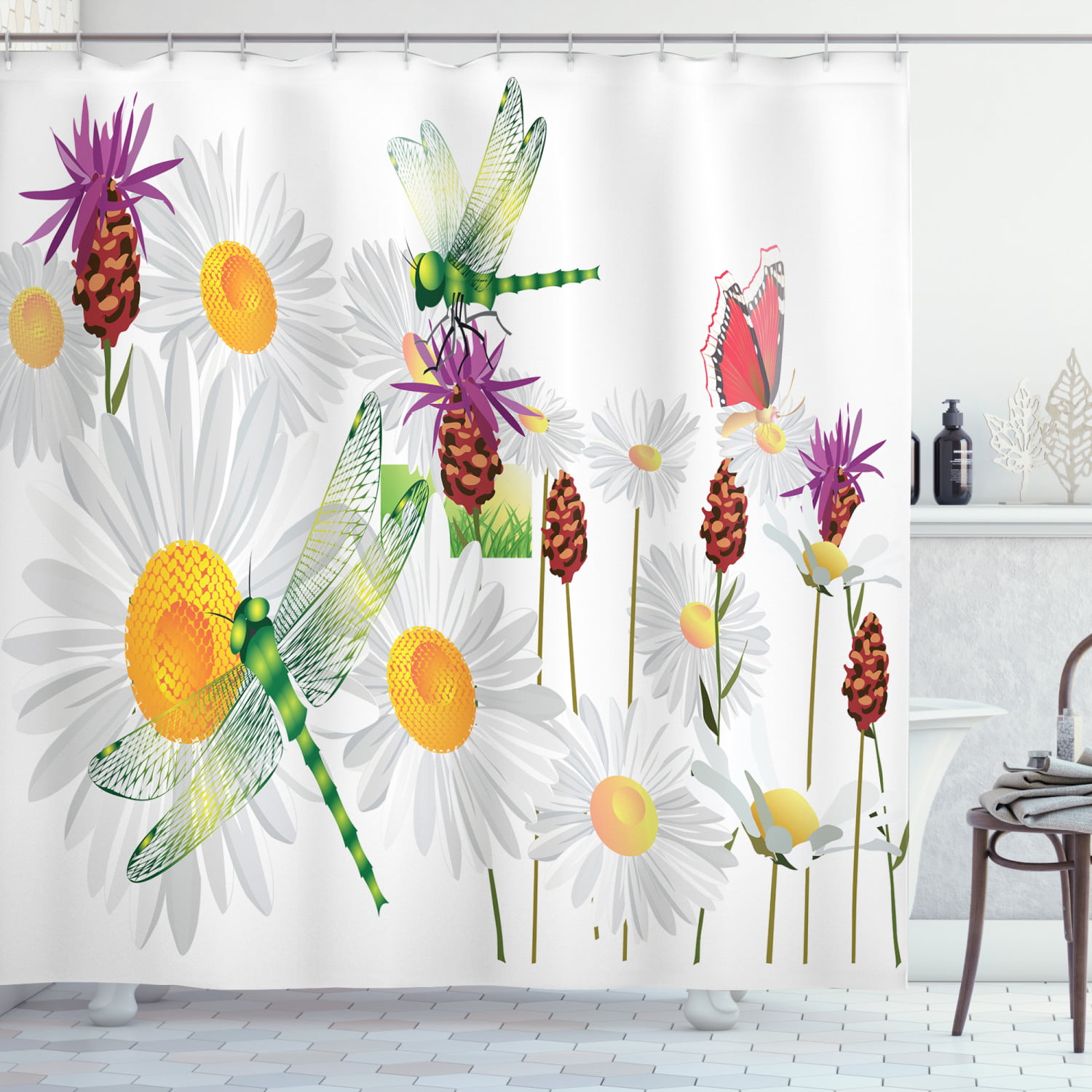 White Blooming Daisy Bathroom Set Shower Curtain Liner Waterproof Fabric Hooks 