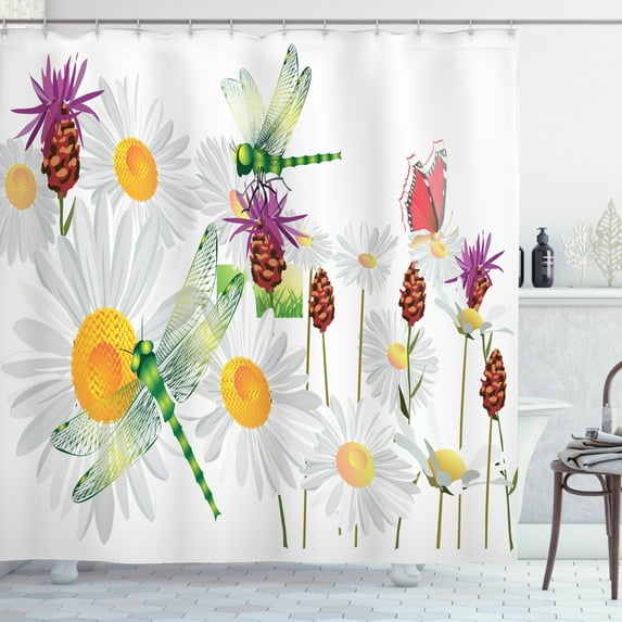 Ambesonne Dragonfly Shower Curtain, Daisy Field Spring, 69"Wx70"L, Fern Green White