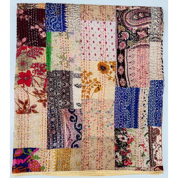 Vintage Patchwork Kantha Quilt Handmade Cotton Bedspread Multicolour Boho Blanket Indian Fabric Quilt for Home Decor