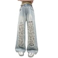 thumbnail image 5 of PLHWHYQ Distressed Denim Pants For Girls Straight Leg Loose Fit Casual Summer Trousers Thin Comfortable Long Jeans Light Blue 6-7 Years, 5 of 6