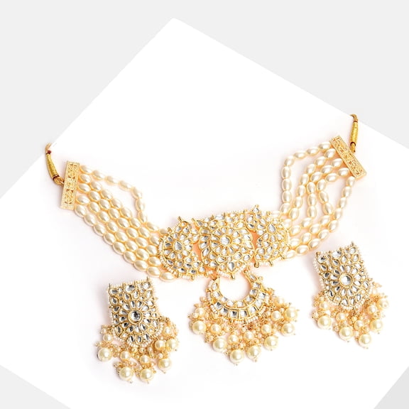 SOHI Gold-Plated Stone Studded Necklace Earrings Set