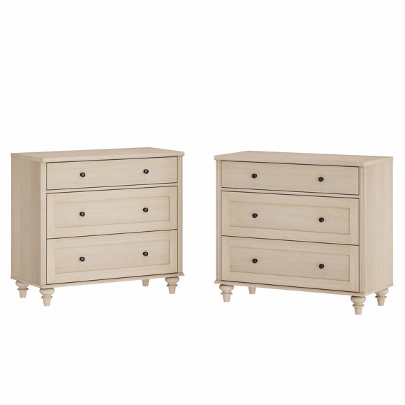 WAMPAT Farmhouse Nightstand, 3-Drawer Wood Bedside Table, Set of 2, 34 Inch Wide End Table for Bedroom, Living Room, Light Oak