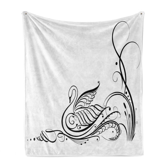 Swan Soft Flannel Fleece Throw Blanket, Exquisite Black Swan River Calligraphy Style Illustration Minimalist Bird Theme, Cozy Plush for Indoor and Outdoor Use, 70" x 90", White Black, by Ambesonne