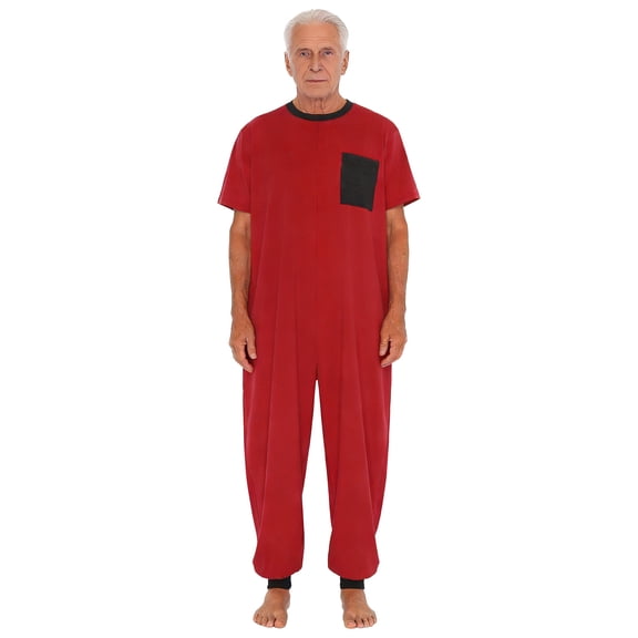 TSSOE Adults Unisex Anti-Strip Adaptive Jumpsuit Crew Neck Short Sleeve Back Zipper Jogger Pants One-piece Rompers Red L