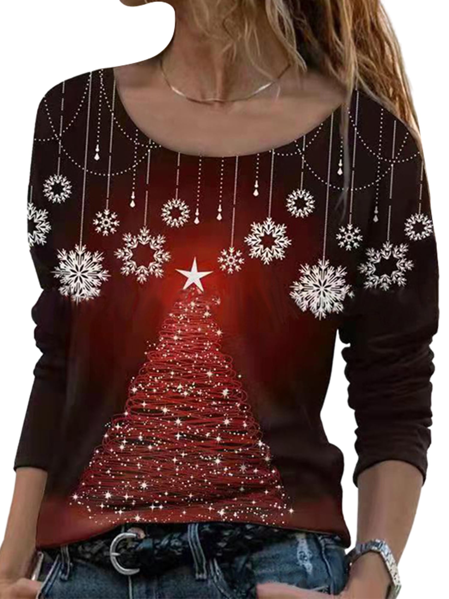 Womens Button Turtle Cowl Neck Tunic Pullover Sweatshirts Christmas Snowflake Print Long Sleeve Casual Pullover Tops