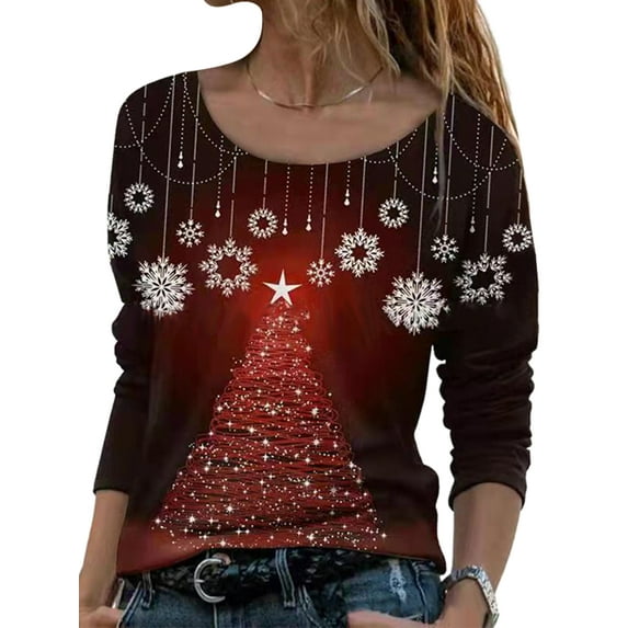 UKAP Casual Crewneck Tops for Women Christmas Floral Print Pullovers Long Sleeve Autumn Tee Shirts Blouse