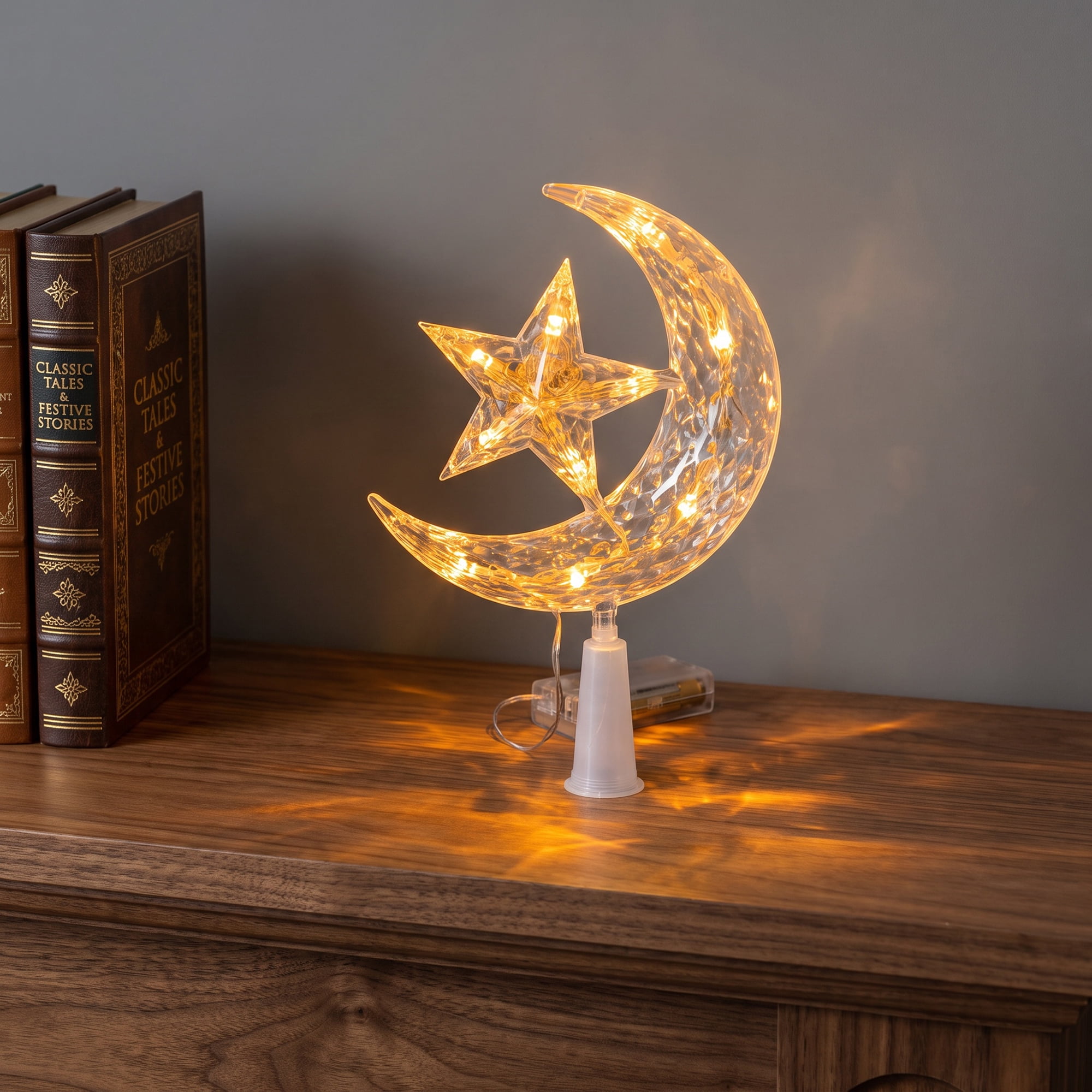 Unique Bargains Tree Finial Battery Operated Spring Mount Star Moon Warm White Lights 7.9"