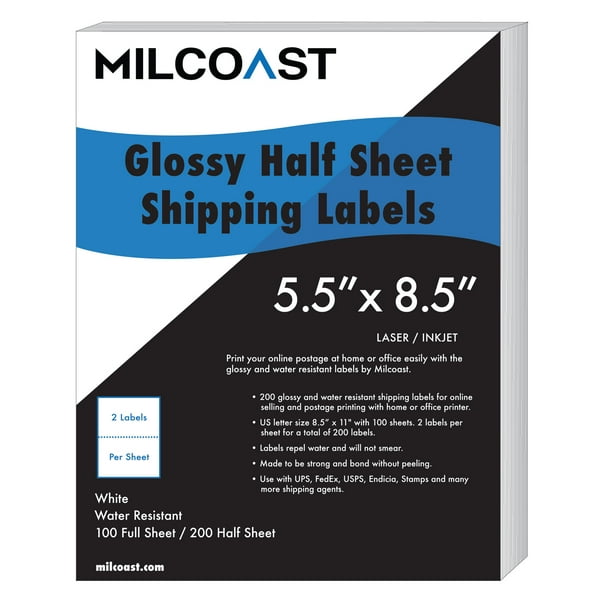 Milcoast 200 Half Sheet Shipping Labels Glossy Water Resistant for