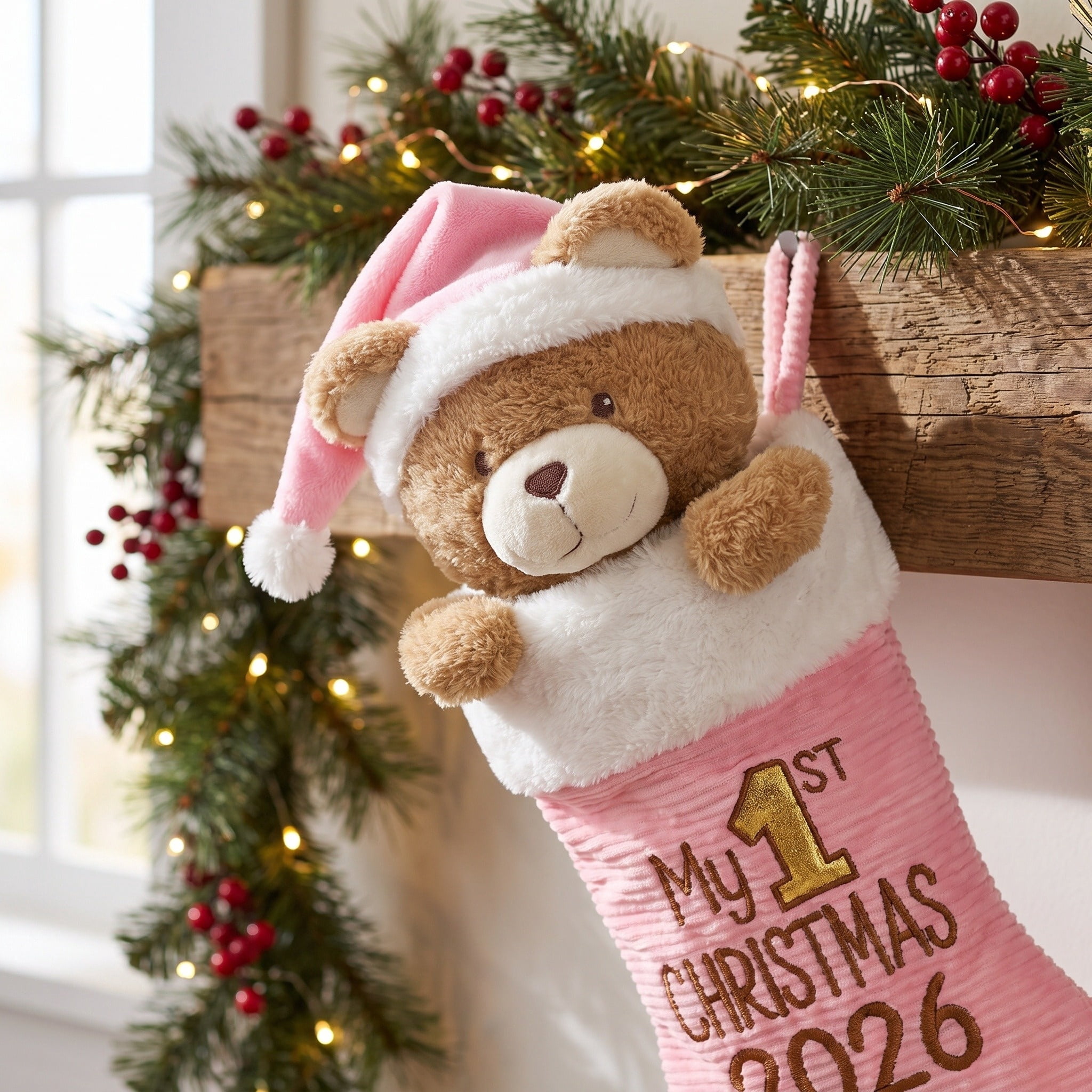 My First Christmas Stocking with Teddy Bear, Pink, 22", by Holiday Time