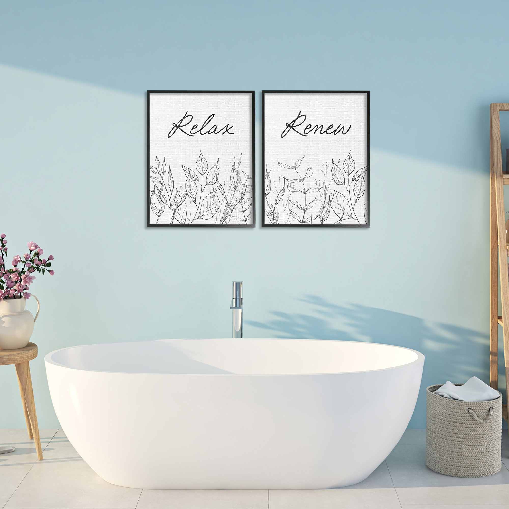 Relax and Renew Leaf Outlines 2 Piece Black Framed Giclee Art Set, design by Lettered and Lined