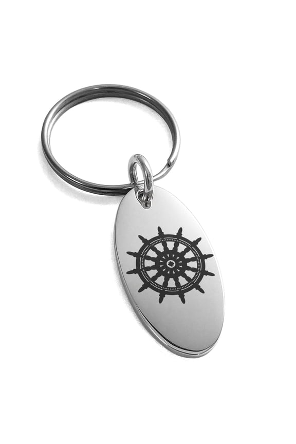 Stainless Steel Nautical Ship Helm Wheel Engraved Small Oval Charm Keychain Keyring