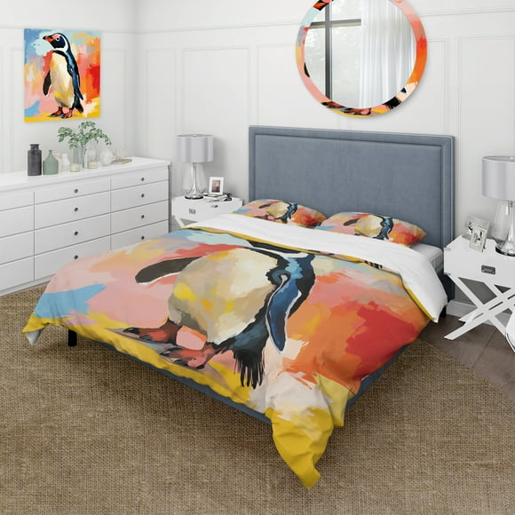 Designart "Charming Penguin Parade" Penguin Bedding Covert Set - Animals Black Modern Bed Set With 2 Shams