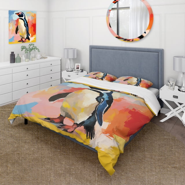 Designart "Charming Penguin Parade" Penguin Bedding Covert Set - Animals Black Modern Bed Set With 2 Shams