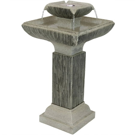 Sunnydaze 26 H Electric Resin 2-Tier Outdoor Square Bird Bath Water Fountain with LED Lights