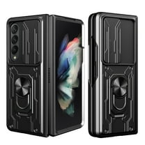 Compatible for Samsung Galaxy Z Fold 5 Hybrid Case with Camera Lens Slide Cover | Rotatable Ring Holder Kickstand | Impact-Resistant Car Mount Magnetic | Detachable Card Slot Protective Shell, Black