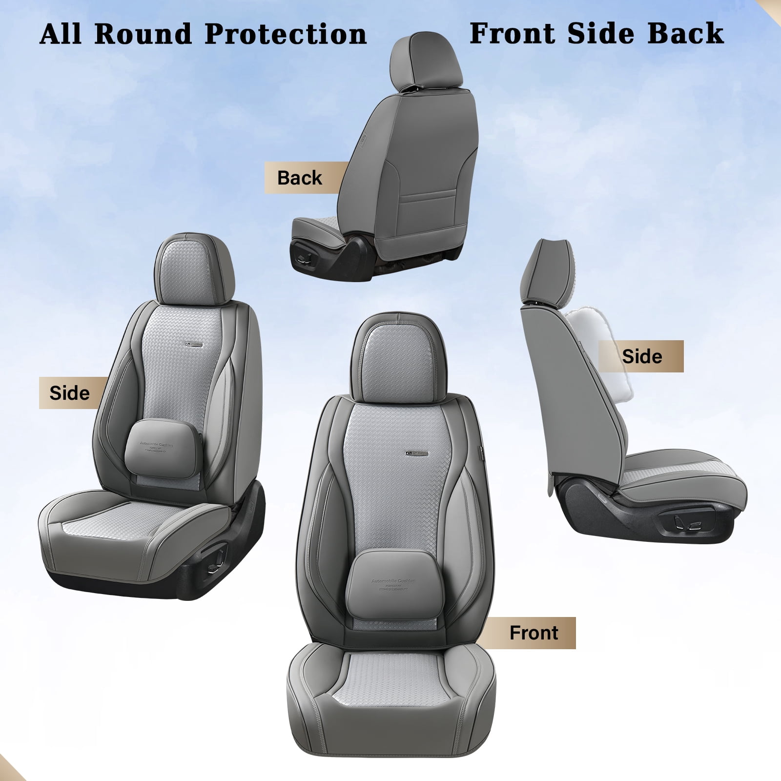 Coverado Waterproof Seat Covers For Cars, High-grade Leather Front Seat Protectors with Lumbar Support, Auto Cushions Universal Fit for Most Cars SUV Trucks, Gray