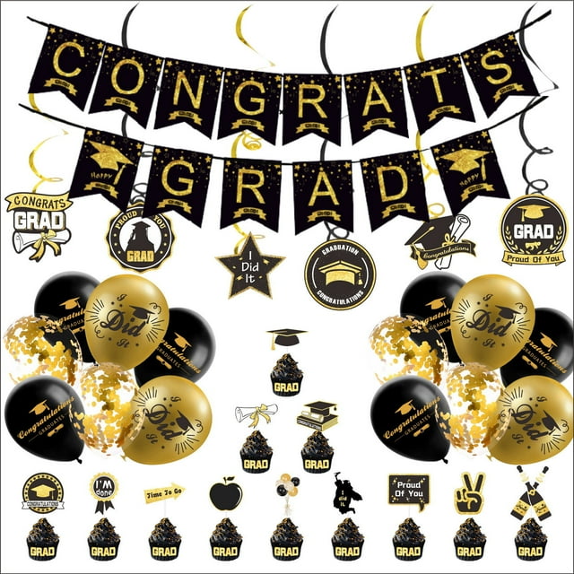 Kit de decoraciones para la fiesta de graduación: set de 33 piezas con pancartas, 14 globos, 12 adornos para tarta y 6 decoraciones giratorias