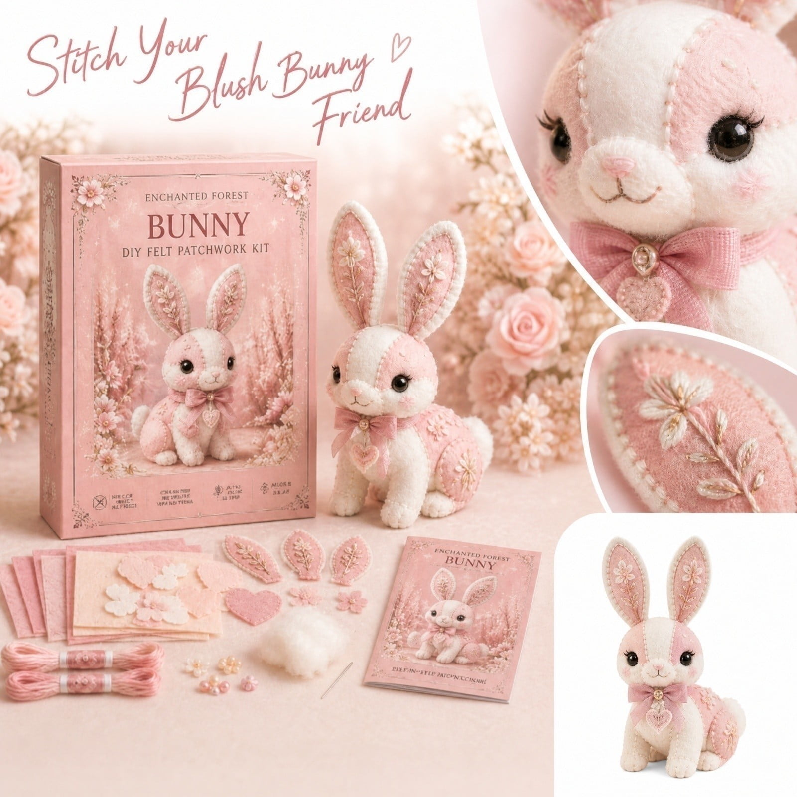 Sewing Kits Doll Making Kit Diy Patchwork Kit DIY Felt Patchwork Craft Kit Forest Rabbit Stuffed Figure Hand‑Sewing Project Set Complete Sewing Craft Supplies for Home Decor 6.3in
