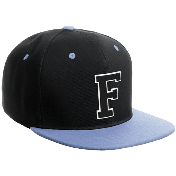 Daxton Classic Snapback Hat Custom A to Z Initial Varsity Letters, Black Sky Hat White Black Letter F