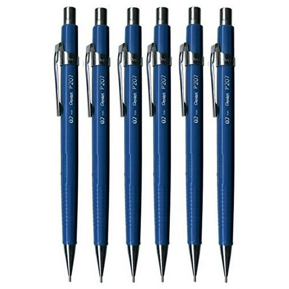 Pentel 0.7mm (P207-C) Blue P200 Series Automatic Mechanical Drafting Pencil Refillable Lead Eraser (Pack Of 6)