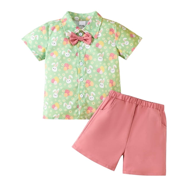 Odeerbi 1-6 Años Niños Niñas Verano Pascua Trajes Algodón Caballero Traje Formal Vestido Manga Corta Camisa Cintura Elástica Pantalones Cortos Conjunto de Dos Piezas