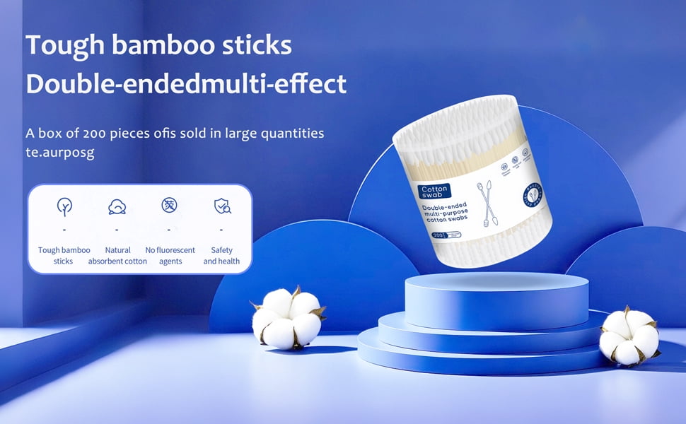 Bamboo Cotton Swabs 200 Count | Eco-Friendly & Pure Cotton Buds | Double Tipped Sticks | 100% Plant-Based & Natural | Perfect for Makeup & Nail Applications, Arts & Crafts