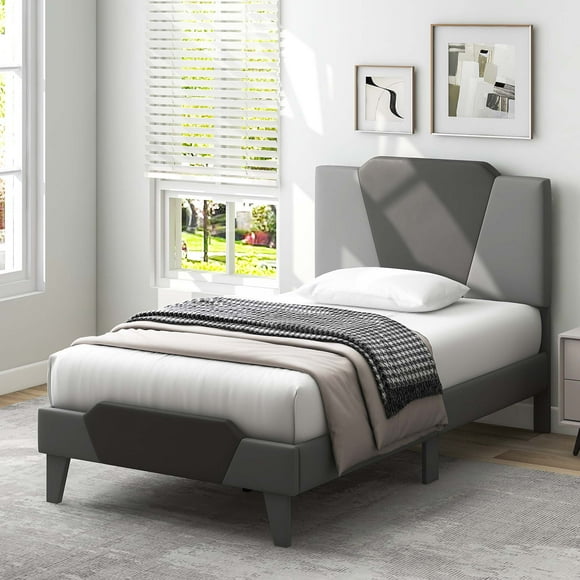 Costway Twin Size Upholstered Platform Bed Frame Velvet Headboard Mattress Foundation