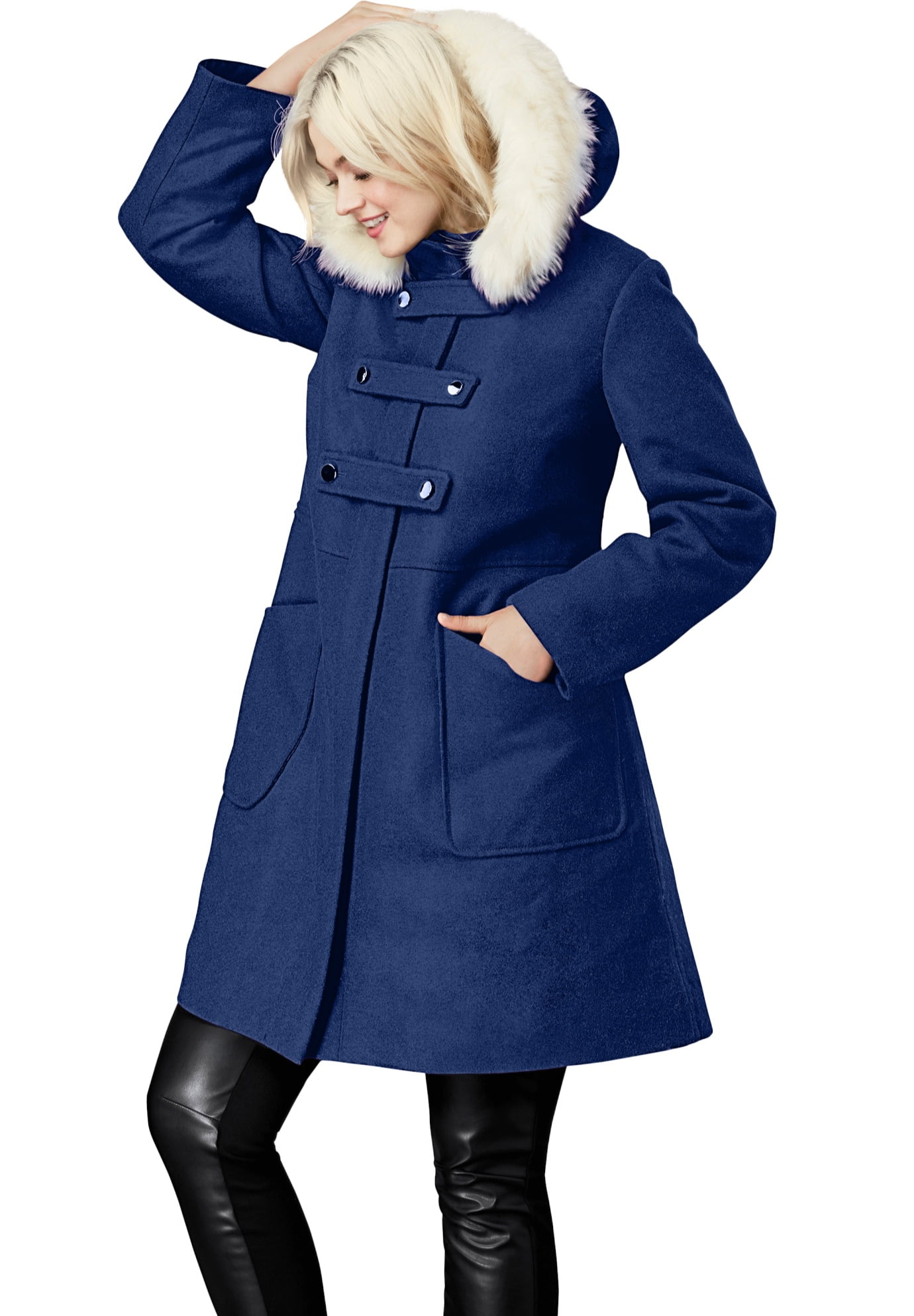 ellos Womens Plus Size Faux Fur Trim Wool-Blend Coat 