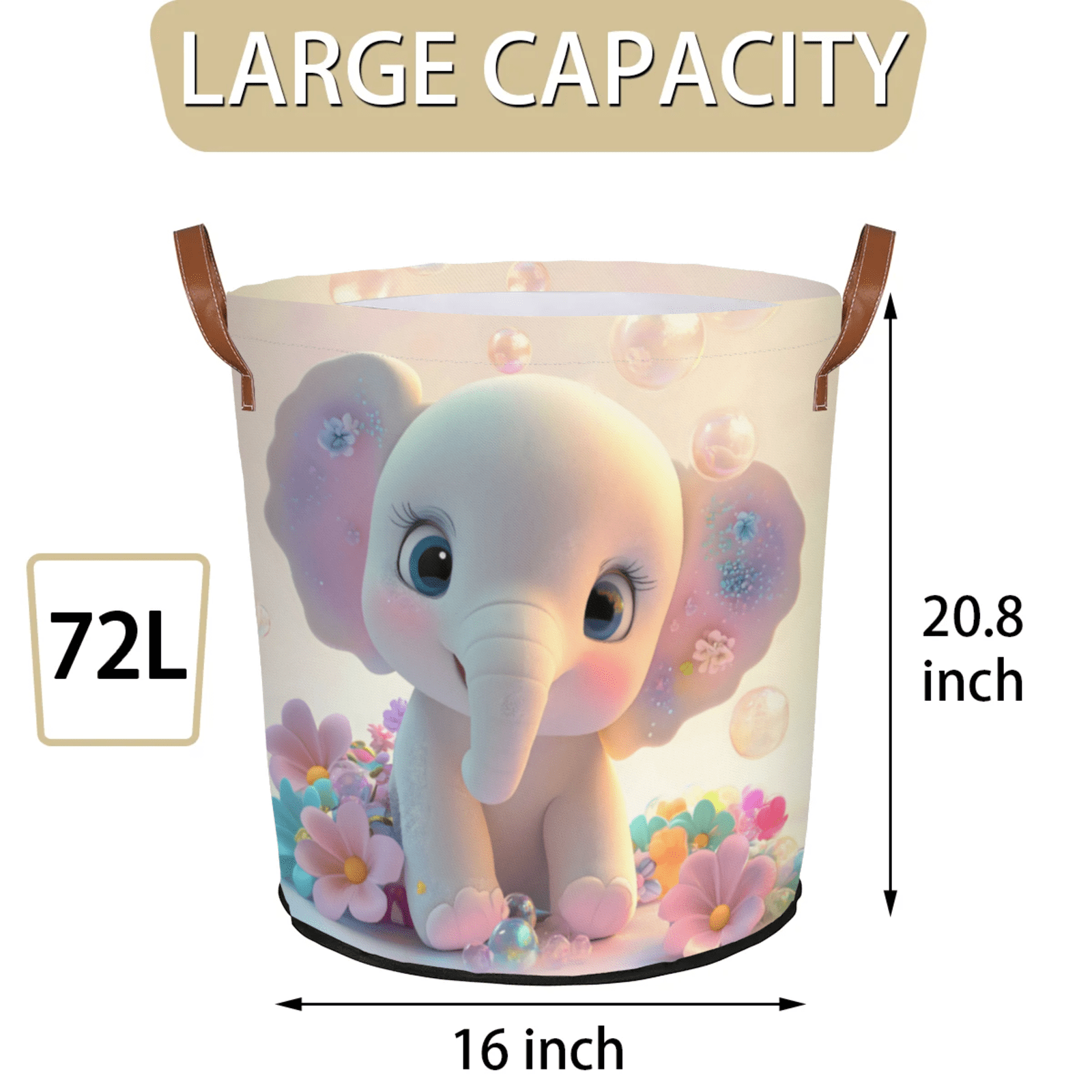 ADECORIVY Cute Baby Elephant Laundry Basket Flowers Waterproof Collapsible Hamper With Handles Oxford Cloth Dirty Clothes Tote for Bathroom, Bedroom, Living Room