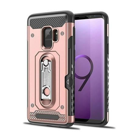 Dual Pocket Case - Galaxy S9 Case, Galaxy S9 Armor Case, Allytech Card Holder ID Slot Pocket Dual Layer Hybrid Cover Shockproof Anti-scratch Protective Hard Shell Bumper Armor for Samsung Galaxy S9, Rosegold