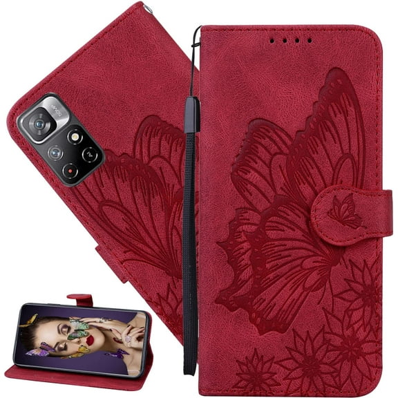 for Xiaomi Redmi Note 11 Pro Case Butterfly for Women Girls,Vintage Butterflies PU Leather Magnetic Closure ID Credit Card Wallet Case Case for Xiaomi Redmi Note 11 Pro/Pro Retro Red