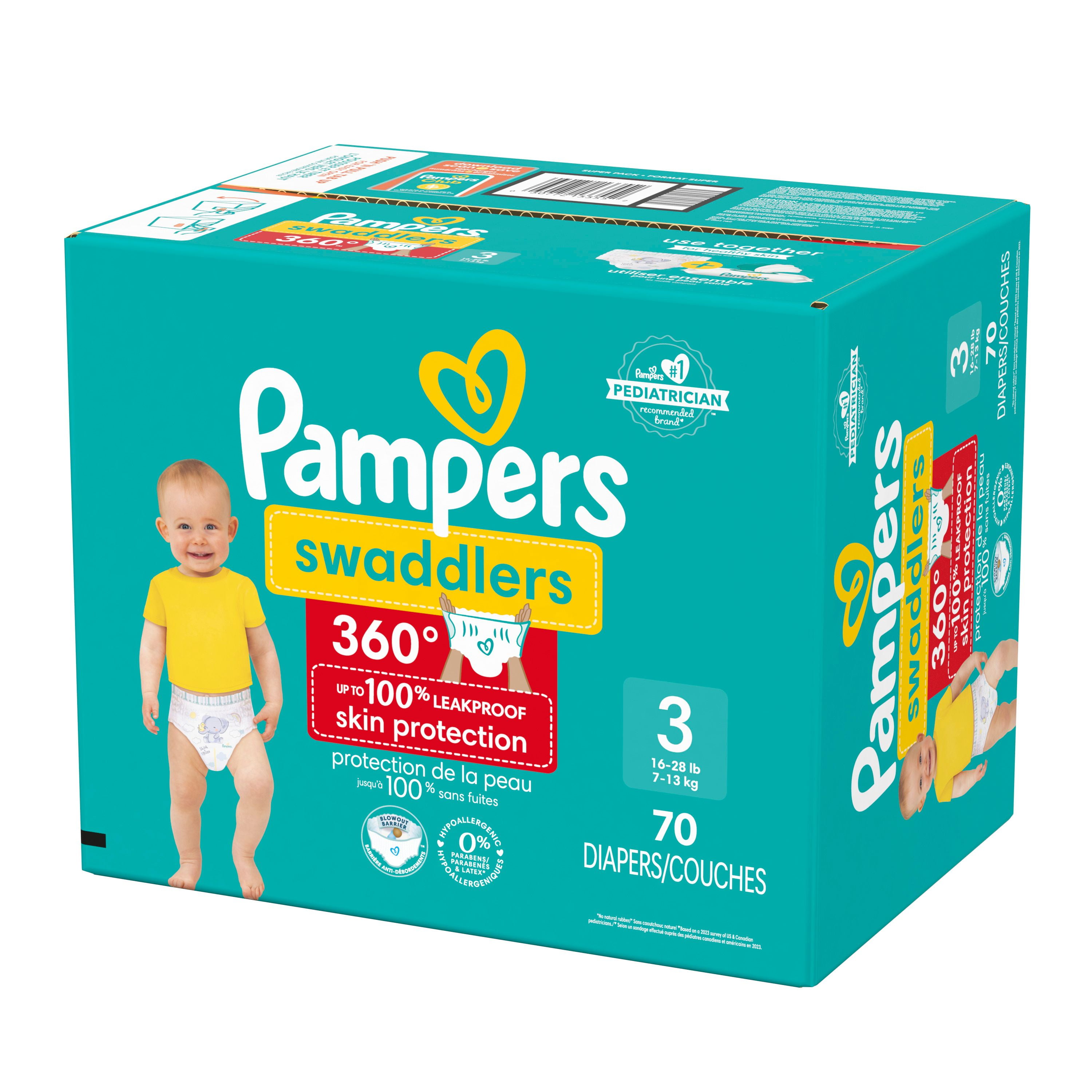 Pampers Diapers - Swaddlers 360° - Size 3, up to 100% Leakproof Comfy Dry Fit, EZ Off Tabs Designed for Easy Changes, Pull On Diaper