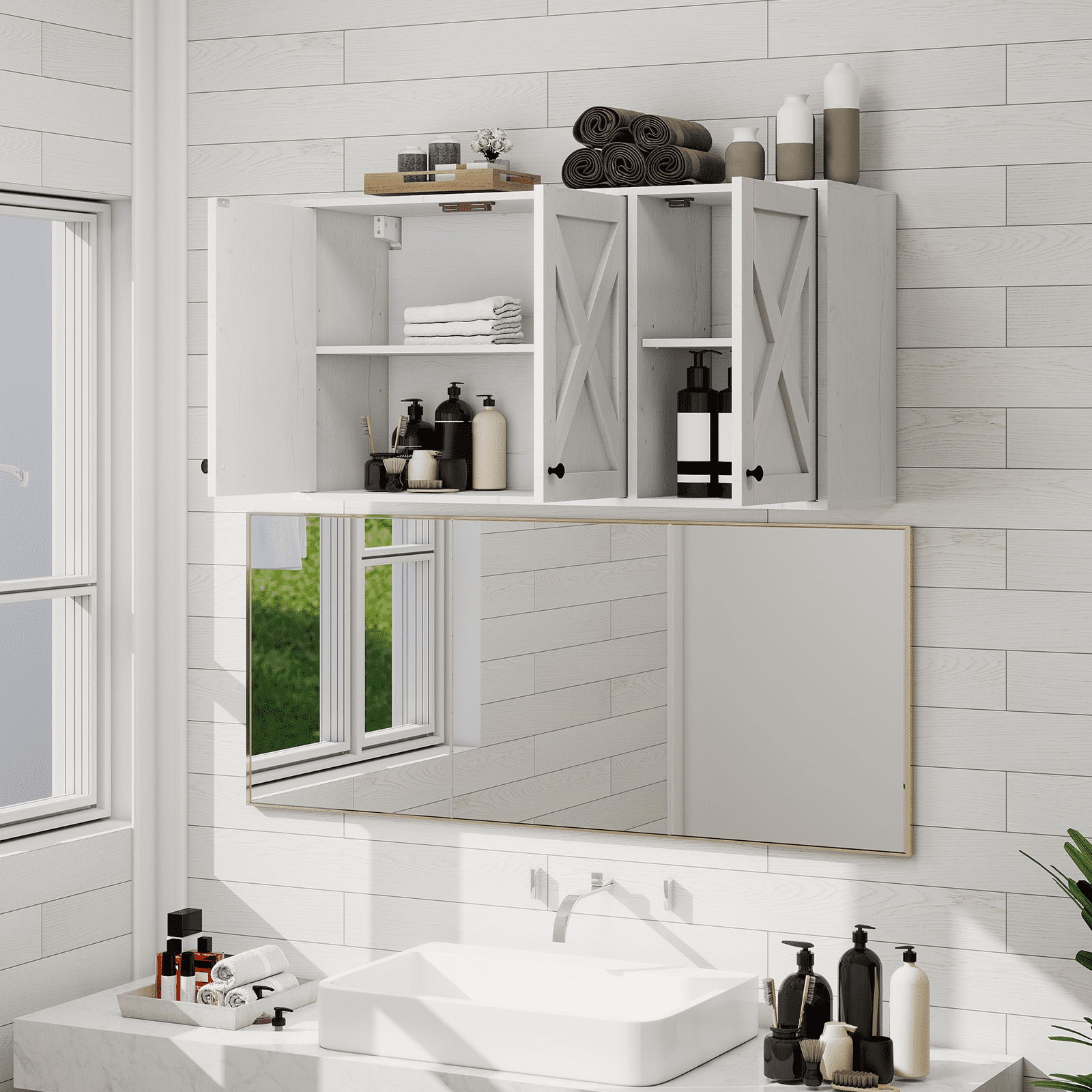 PULUOMIS 36" W Laundry Cabinet, Medicine Cabinet, Bathroom Kitchen Storage Wall Mounted Farmhouse Organizer with Shelves Over Toilet, White