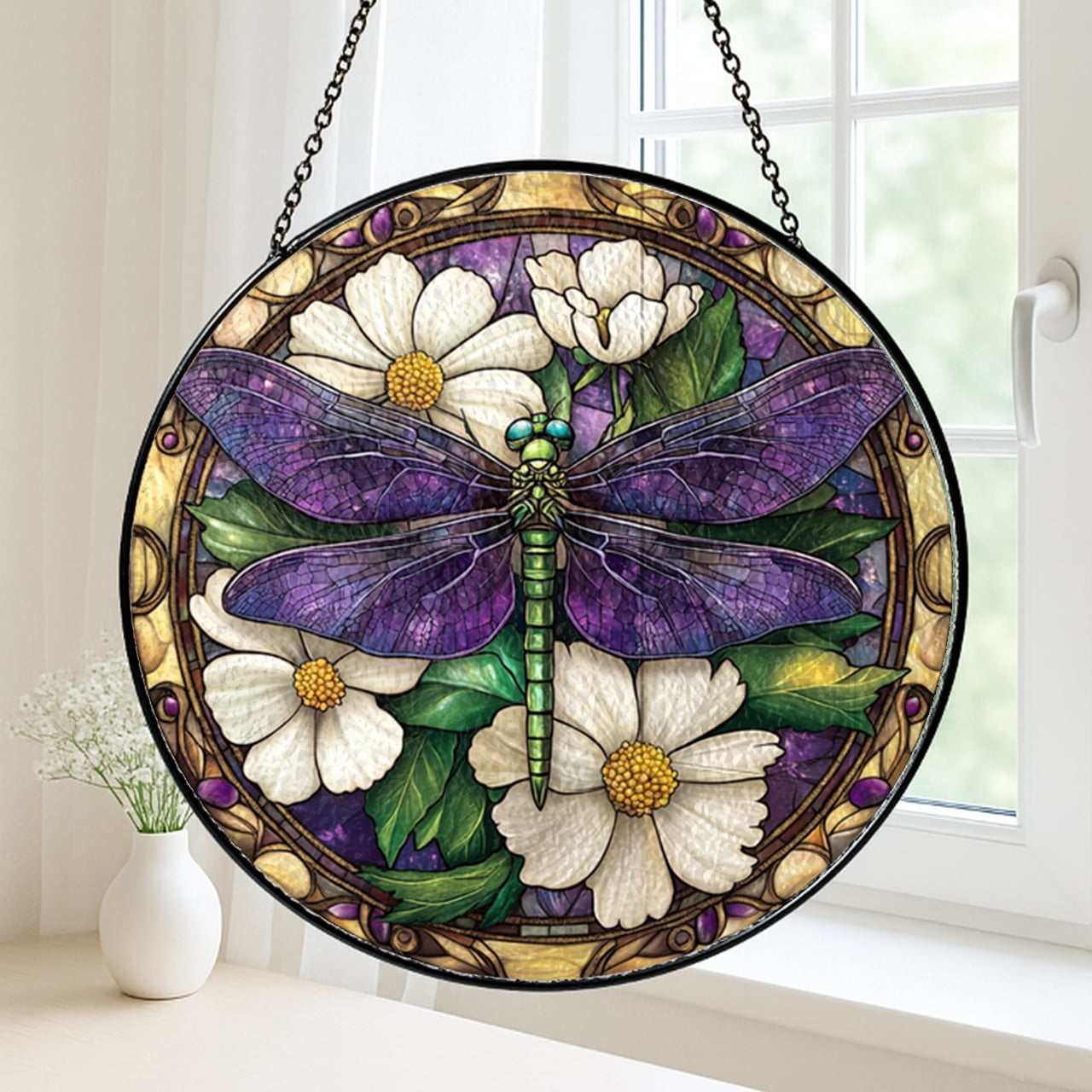 Dragonfly Faux Stained Glass Window Hanging – Decorative Acrylic Sun Catcher