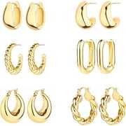 QIAN MENG DAN CO., LTD 6 Pairs 14K Gold Hoop Earrings for Women Lightweight Chunky Hoop Earrings Multipack Hypoallergenic, Thick Open Twisted Huggie Hoops Earring Set Jewelry for Gifts. Gold