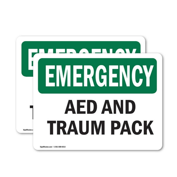 (2 Pack) AED And Trauma Pack OSHA Emergency Sign 18 Inch X 12 Inch Plastic Sign, Weather Resistant, UV Protected for Workplace, Business, and Construction Site, Made in the USA