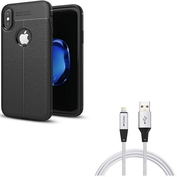 Case w 6ft USB Cable for iPhone XS/X - PU Leather Slim Fit Cover Reinforced Bumper Shock Absorbent, Charger Cord Power Wire Braided Long for iPhone XS/X