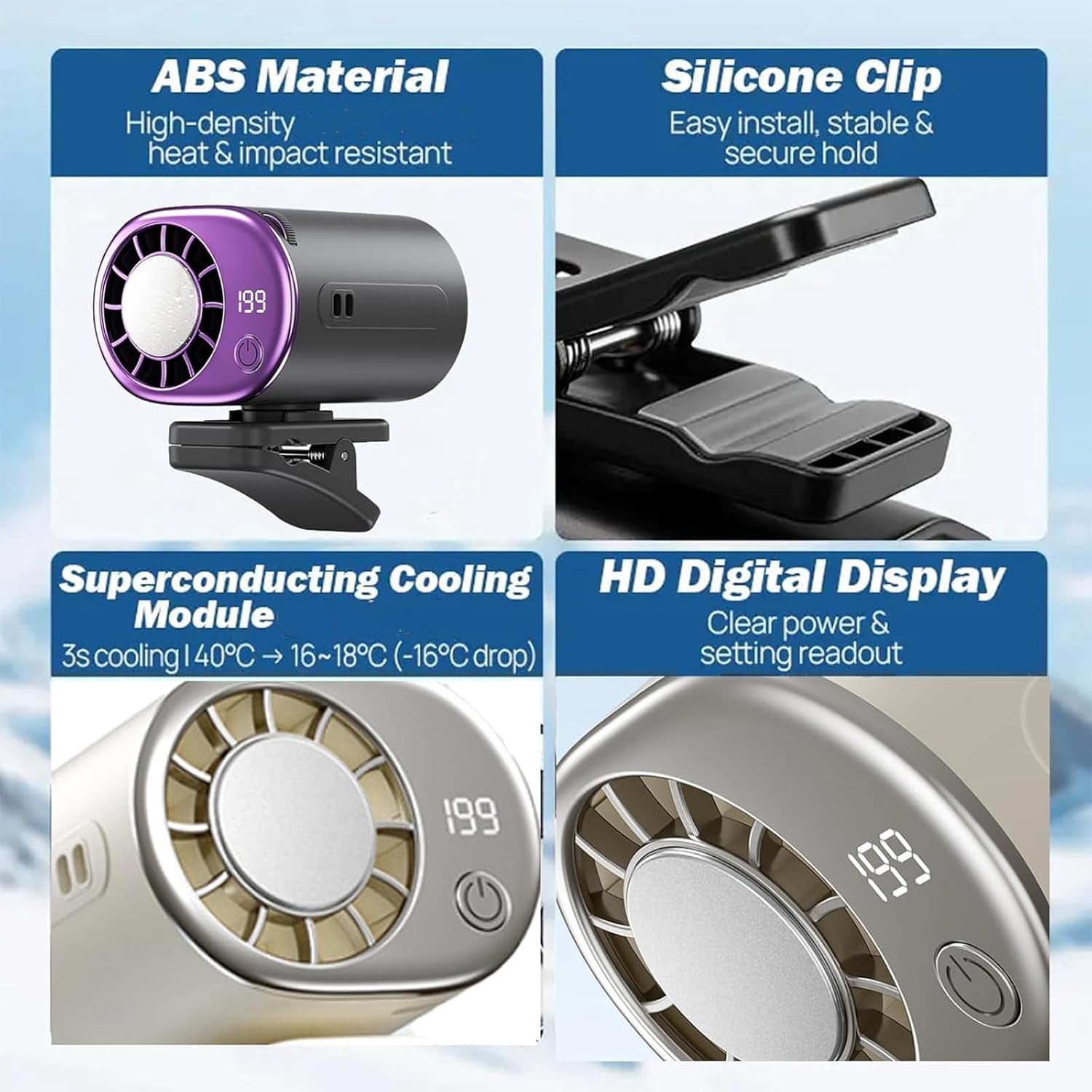2026 Car Clip On Air Conditioner Fan with LED Display, 360° Rotation & 199 Speeds Adjustable, USB Rechargeable Personal Cooling Fan with 16℃ Semi-Cooling and Detachable Wide Clamp (Gray)