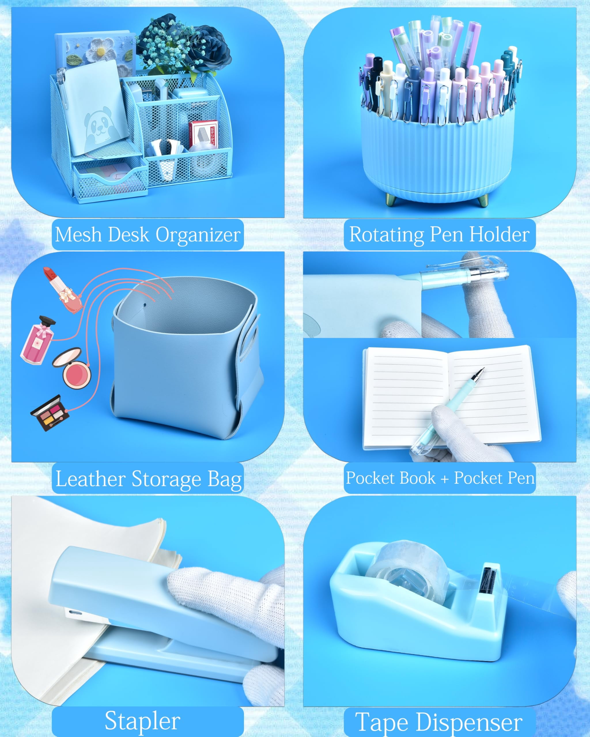 Blue Desk Accessories And Organizers With Organizer 360°rotating Pen Holder Stapler A Lot Of Office Supplies Beautifully Presented In Gift Box