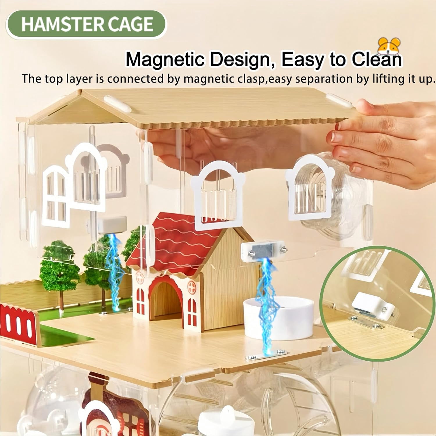12 in 1 Clear Acrylic Hamster Cage with All Accessories,13.5''L* 10''W* 15''H Dwarf Hamster Cage,Magnetic Connection Small Hamster Enclosure,Garden Style Wooden Mouse Cage for Pet Mice
